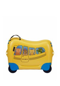 Valise jaune pour enfants en forme de bus avec des roues bleues et des personnages d'animaux visibles à travers les fenêtres.