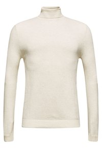 Pull à col roulé crème en tissu tricoté texturé. Il présente des manches longues et une coupe ajustée. Détails en bord-côte aux poignets et à l'ourlet.