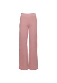 Šviesiai rožiniai plačiakrūtiniai kelnės, pagamintos iš minkštos medžiagos su patogiu elastingu juosmeniu ir švariai apdirbtomis kraštinėmis.