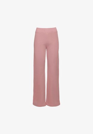 Svetloružové široké nohavice vyrobené z mäkkej látky s pohodlným elastickým pásom a čistými, obrúbenými okrajmi.