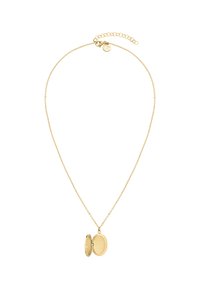 Collana color oro con una catena fine e un ciondolo a forma di ovalo. Il ciondolo presenta una superficie lucida e si apre per rivelare un interno vuoto.