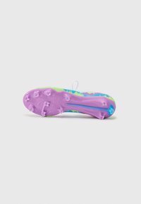 Cleat with a textured, multicolored sole. Features purple and green accents, studs for traction, and a smooth upper surface in vibrant hues.
