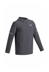 Gray hooded jacket made of soft, stretch fabric. Features a full zipper, two side pockets, and reflective accents on sleeves.