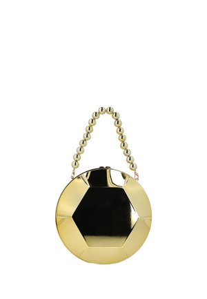 Rund guldtaske med sekskantet sort midte og perlehåndtag i guld, vist mod en hvid baggrund.