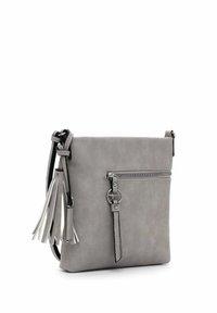 Gray faux leather crossbody bag with a textured finish, zippered front pocket, and decorative fringe accents on the side.