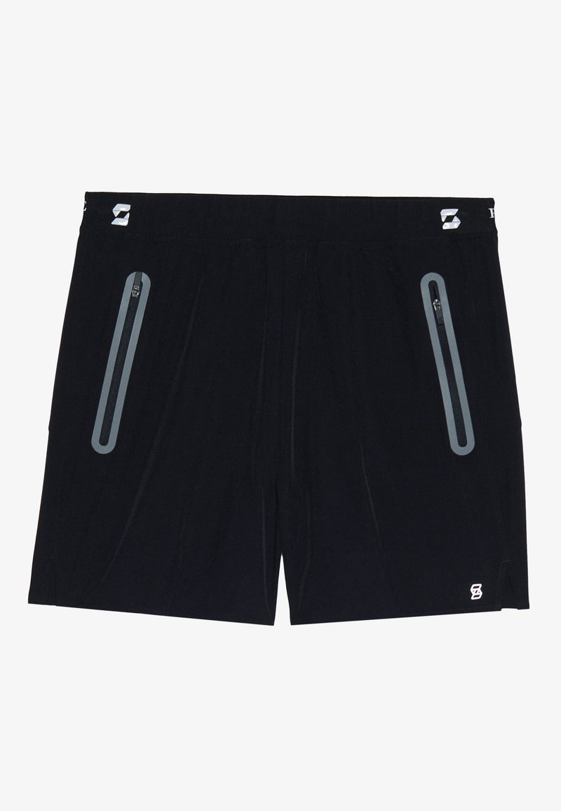 Schwarze Sportshorts mit glatter Textur, ausgestattet mit zwei vertikalen Reißverschlusstaschen mit grauen Akzenten und einem Logolabel am Bund.