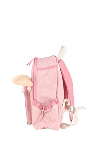Pink children's backpack with plush animal ears on front pocket and padded shoulder straps, shown from side on white background.