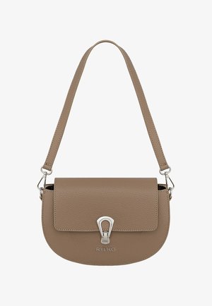 Skórzana torba na ramię w kolorze taupe z zaokrągloną klapą, srebrnym zapięciem, odpinanym paskiem oraz wytłoczonym logo "RYŁKO" na froncie.