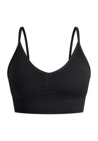 Zwarte draadloze bralette met verstelbare straps, geplooide voorkant en een geribbelde onderband voor ondersteuning. Glad stoftextuur.