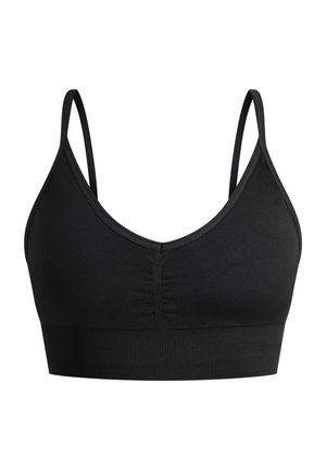 Bralette sans fil noir avec bretelles ajustables, détail fronçé à l'avant et bande ribbed en dessous pour le soutien. Texture de tissu lisse.