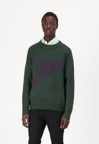 Grüner Strickpullover mit gerippten Bündchen und Saum, mit lila Textdesign. Getragen über einem weiß-grün gestreiften Kragenhemd.