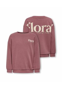 Ροζ φούτερ με μακριά μανίκια, ριμπ μανσέτες και στρογγυλή λαιμόκοψη. Διαθέτει εκτυπώσεις μπροστά και πίσω με τις λέξεις "Flora" και "State of Mind."