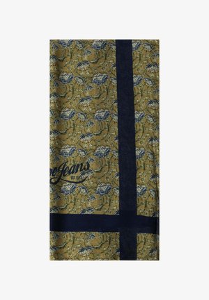 Blumengemustertes Schal in olivgrün und marineblau. Mit blauen Blumen und Blättern sowie einem marineblauen Band und einem geprägten Logo. Aus Baumwolltextur.