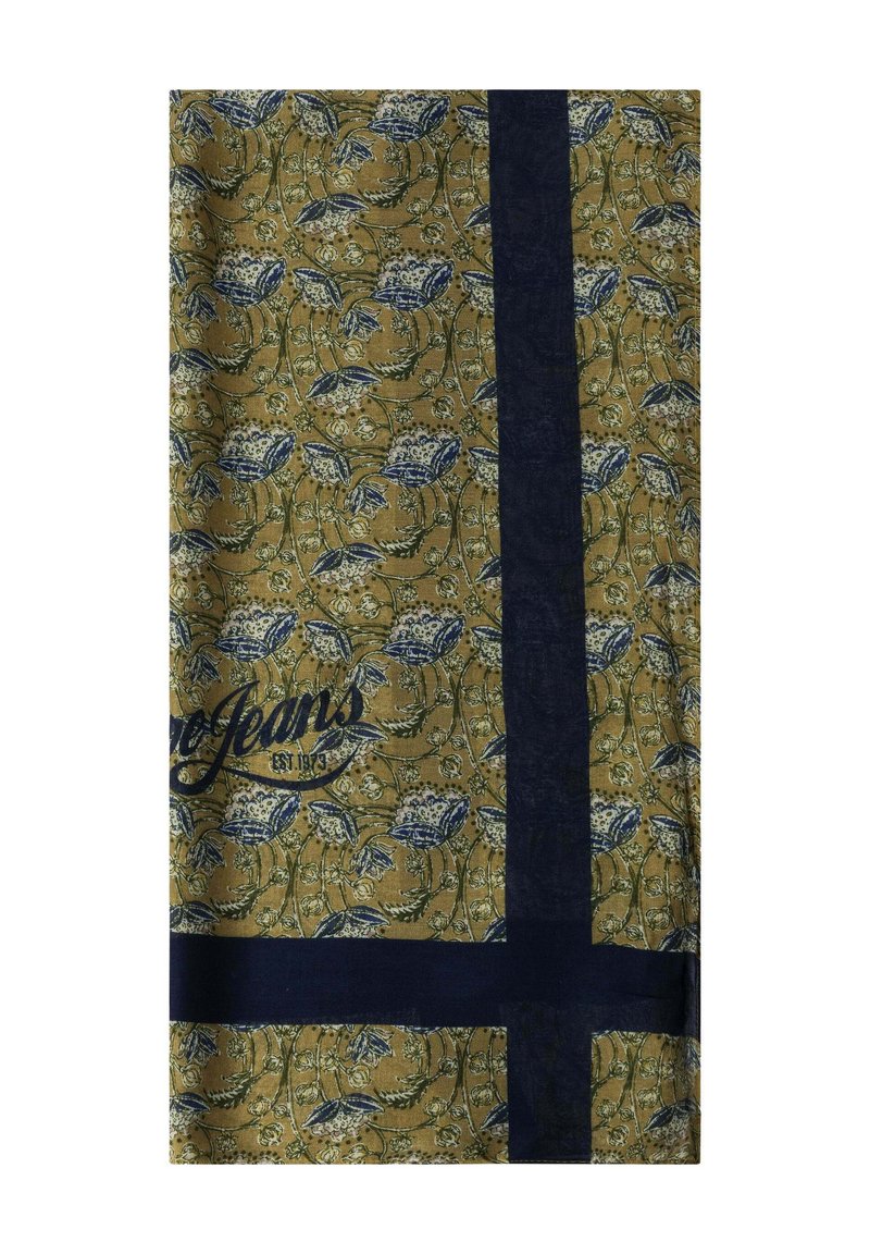 Blumengemustertes Schal in olivgrün und marineblau. Mit blauen Blumen und Blättern sowie einem marineblauen Band und einem geprägten Logo. Aus Baumwolltextur.