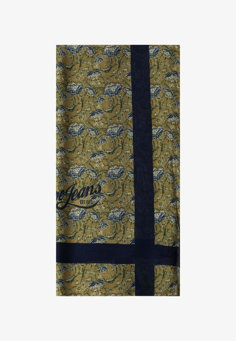 Blumengemustertes Schal in olivgrün und marineblau. Mit blauen Blumen und Blättern sowie einem marineblauen Band und einem geprägten Logo. Aus Baumwolltextur.