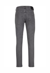 Vue arrière d'un jean denim gris à jambes droites avec deux poches arrière et une étiquette noire à la taille.