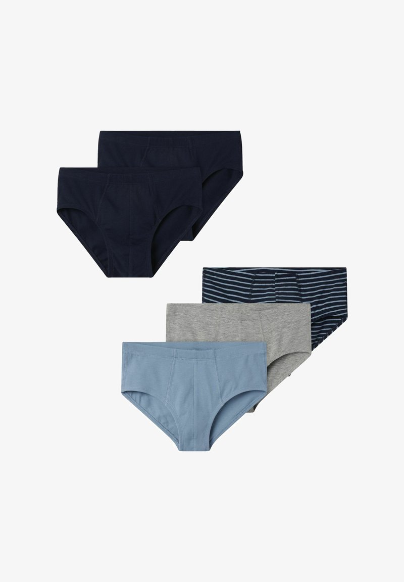 Două seturi de chiloți pentru bărbați, un set bleu închis și celălalt set care conține un chilot bleu, unul gri și unul cu dungi bleumarin.