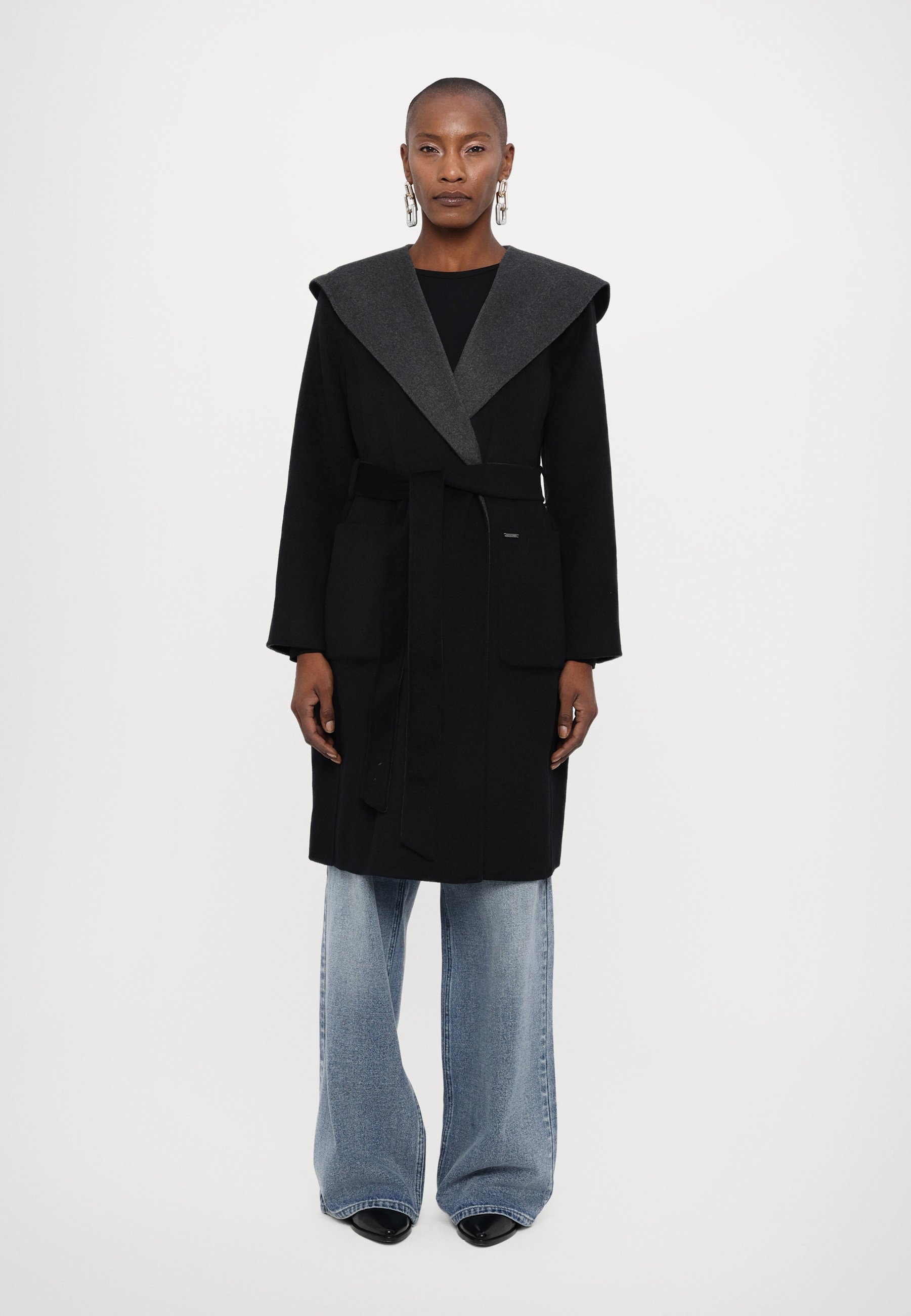 Kors Outlet Michael Kors Black Hooded Wool Wrap Coat MICHAEL