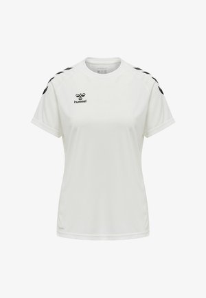 Weißes kurzärmeliges Sportshirt mit schwarzem Hummel-Logo auf der Brust und schwarzen Chevron-Streifen auf den Schultern.