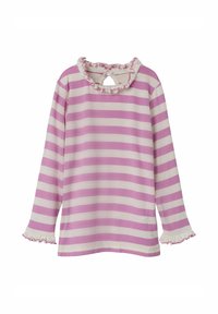Langdurige mouwblouse in roze en crème gestreepte katoen, met een geplooide halslijn en manchetten, en een knoopsluiting aan de achterkant.