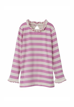 Langdurige mouwblouse in roze en crème gestreepte katoen, met een geplooide halslijn en manchetten, en een knoopsluiting aan de achterkant.