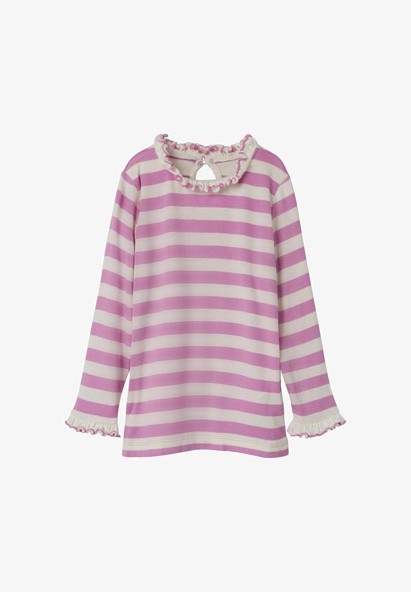 Camicia a maniche lunghe in cotone a righe rosa e crema, con scollatura e polsini arricciati, chiusura con bottoni sul retro.