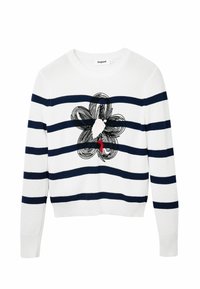 Pull blanc à rayures horizontales bleu marine avec un motif floral en noir et rouge, texture côtelée et manches longues.