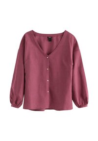 Bordeaux langærmet bluse med V-hals, knaplukning fortil og pufærmer. Stoffet ser tekstureret ud, med en løs pasform og en subtil glans.