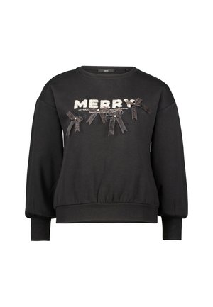 Schwarzes Sweatshirt mit gemütlicher Passform, verziert mit glitzerndem "MERRY"-Schriftzug und schwarzen Ripsband-Schleifen als Akzente. Lange Ärmeln und geripptem Saum.