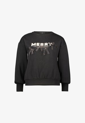 Sort sweatshirt med afslappet pasform, der har glitrende "MERRY" tekst og prydet med sorte satinbuer som accenter. Lange ærmer og ribbet kant.