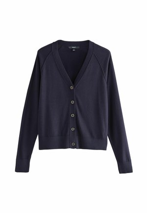 Cardigan marine avec un col en V profond, des manches raglan longues et six boutons sur le devant. Présente des poignets et un ourlet côtelés, fabriqué en tissu doux.