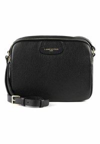 Borsa a tracolla nera in pelle con finitura testurizzata, dettagli in metallo dorato, forma rettangolare e tracolla regolabile.