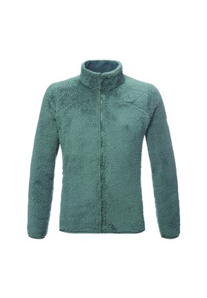 Veste en polaire verte avec fermeture éclair frontale complète et col montant, présentée sur fond blanc.