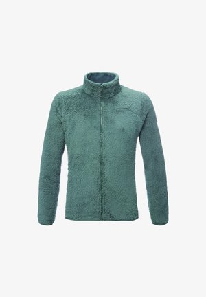 Grüne Fleecejacke mit durchgehendem Reißverschluss und hohem Kragen, dargestellt vor einem weißen Hintergrund.