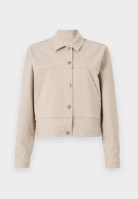 Veste en velours côtelé beige avec des rayures verticales, un col, une fermeture à boutons à l'avant et deux poches latérales. Longueur courte et manches longues.