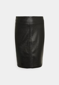 Černá kožená sukně s texturovaným vzorem krokodýlí kůže. Rovný střih a délka po kolena, s detaily středového švu na zadní straně.