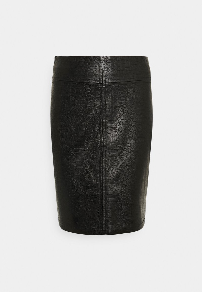 Černá kožená sukně s texturovaným vzorem krokodýlí kůže. Rovný střih a délka po kolena, s detaily středového švu na zadní straně.