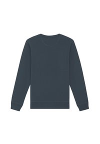 Donkerblauwe sweatshirt met lange mouwen, ronde hals, ribbelmanchetten en zoom. Waar bestaat uit een gladde textuur met minimale stikseldetails.