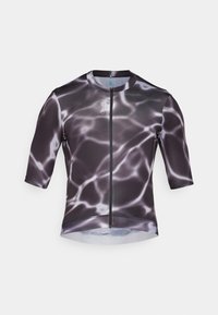 Maillot de cyclisme à manches courtes noir et gris avec un motif aquatique, doté d'une fermeture éclair sur le devant et d'un tissu lisse et extensible.