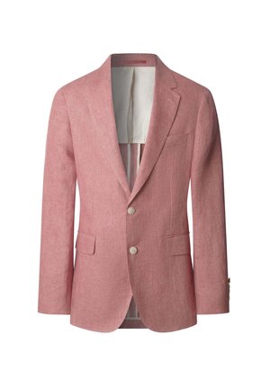Blazer de lino rosa claro, de un solo botón con dos botones, solapas con muesca, dos bolsillos frontales y un forro interior en contraste.