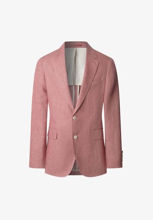 Svijetlo ružičasti laneni sako, jednostruki s gumbima, s dva gumba, reveri, dva prednja džepa i kontrastnom unutarnjom oblogom.