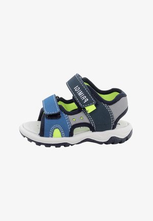 Sandalo da esterno per bambini con cinturini regolabili blu e neri, dettagli verde neon, suola bianca e chiusure a strappo brandizzate.