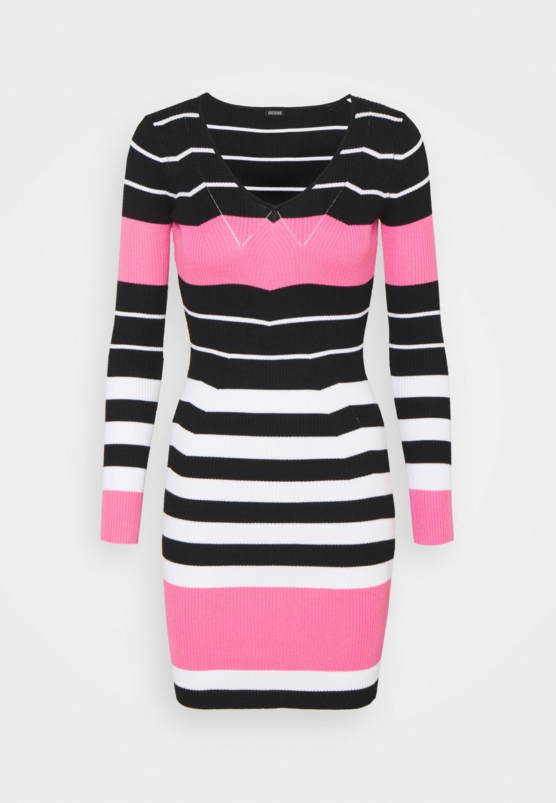 Robe côtelée à rayures noires, blanches et roses, avec des manches longues, un décolleté en V et une silhouette ajustée. Blocs roses notables au niveau de la poitrine et de l'ourlet.