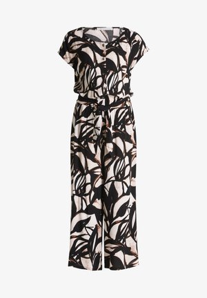 Zwart-witte jumpsuit met een bladpatroon, korte mouwen, een ronde halslijn, knopen aan de voorkant en een bijpassende riem om de taille.