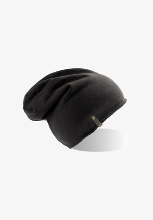 Black beanie hat made of soft fabric, featuring a slouchy design and a small metallic logo tag on the side. Smooth texture and casual style.