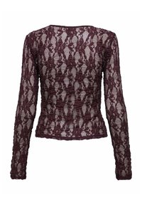 Top de encaje burdeos de manga larga con patrones florales, textura acanalada y silueta ajustada. Sin cierres visibles, con un diseño de cuello redondo.