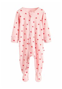 Tutina baby rosa con maniche lunghe, design con piedi e motivo a cuori rossi. Presenta una cerniera frontale e un tessuto morbido e elasticizzato.