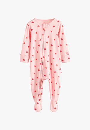 Rosa Baby-Einteiler mit langen Ärmeln, Fußdesign und rotem Herzmuster. Verfügt über einen Reißverschluss vorne und einen weichen, dehnbaren Stoff.