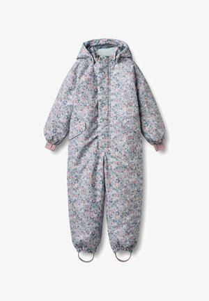 Bērnu viengabala sniega tērps ar kapuci, gaiši zilu ziedu rakstu, elastīgām aprocēm, priekšēju rāvējslēdzēju un kāju siksnām.