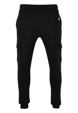 Sorte joggebukser med snor i midjen, sidelommer med cargo-design og elastiske mansjetter, laget av myk, stretchy stoff.